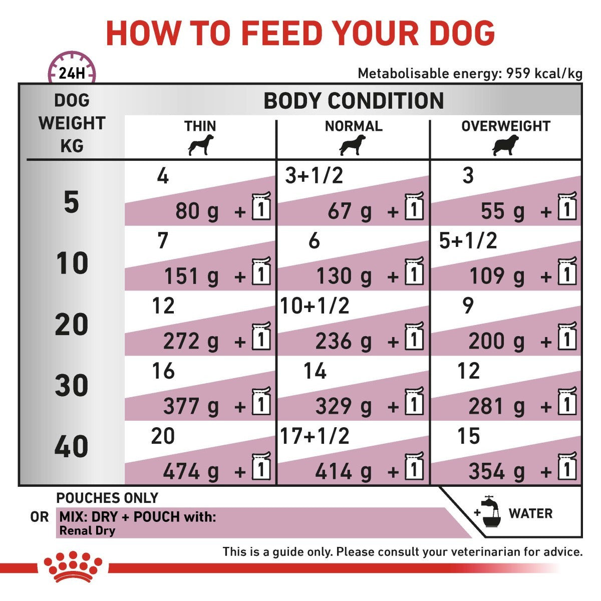 Feeding chart for dogs showing recommended daily feed amounts based on weight and body condition.