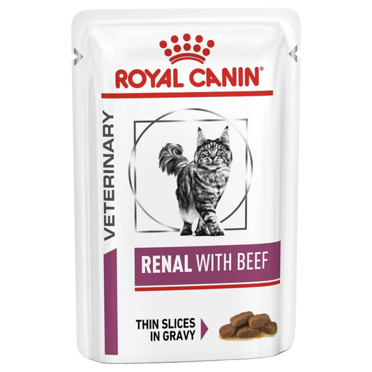 Royal Canin Veterinary Diet Renal with Beef cat food pouch on a white background