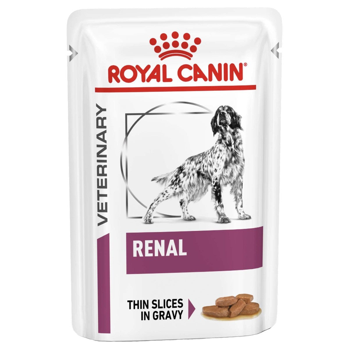 Royal Canin Veterinary Diet Renal thin slices in gravy for dogs on a white background