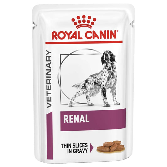 Royal Canin Veterinary Diet Renal thin slices in gravy for dogs on a white background