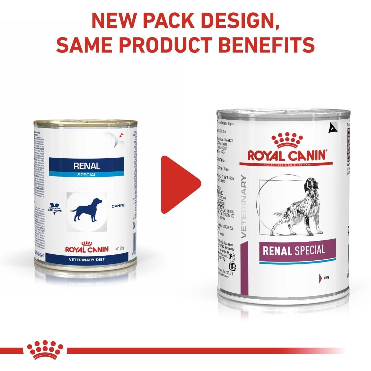 Two cans of Royal Canin Veterinary Diet Renal Special on a white background with text about new packaging design.