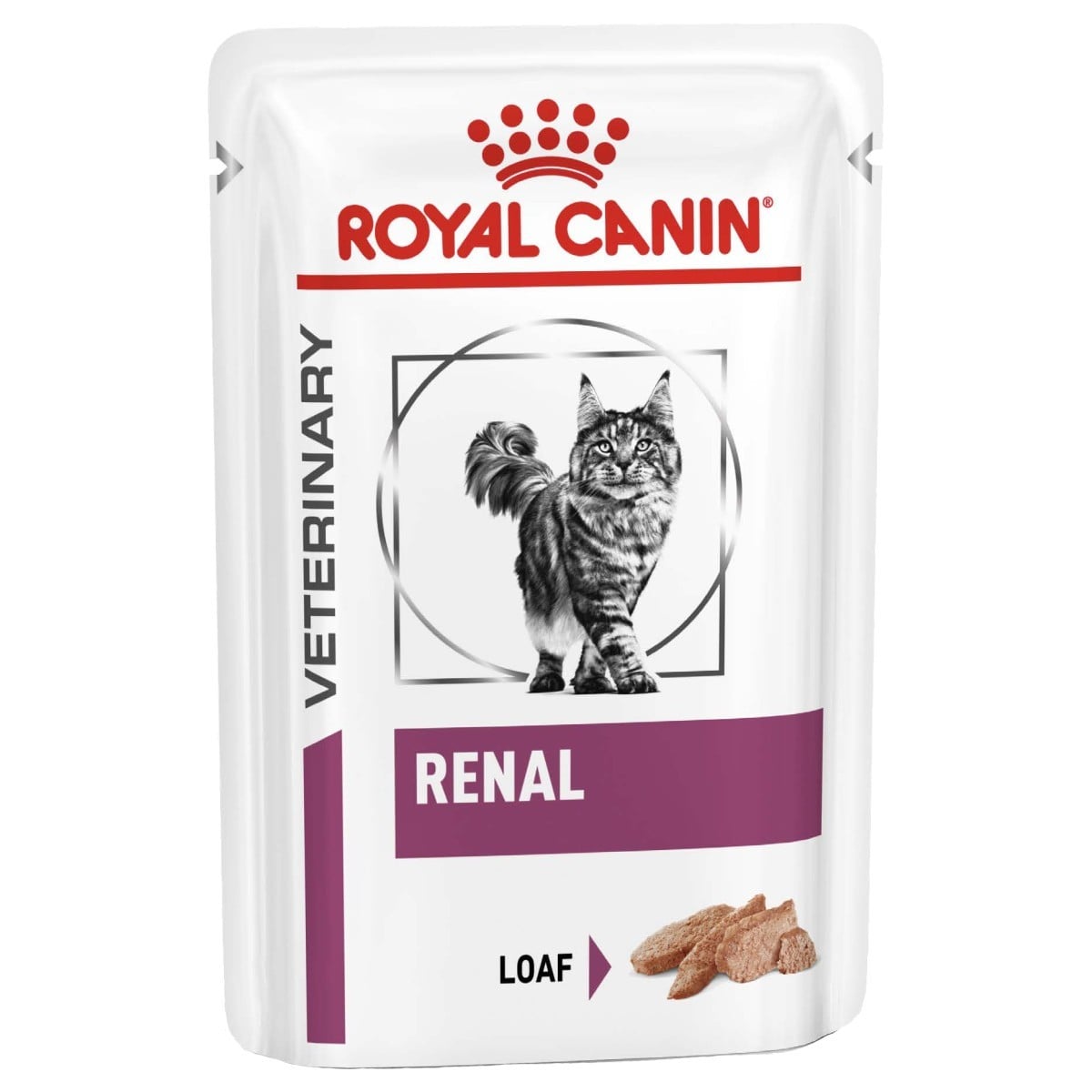 Royal Canin Veterinary Renal cat food pouch on a white background