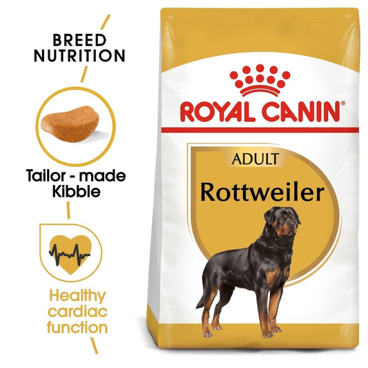 Royal Canin Rottweiler dog food package with text highlighting features