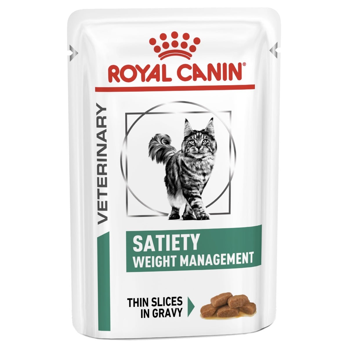Royal Canin Veterinary Satiety Weight Management cat food pouch on a white background