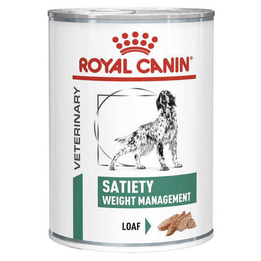 Royal Canin Veterinary Diet Satiety Weight Management can for dogs on a white background