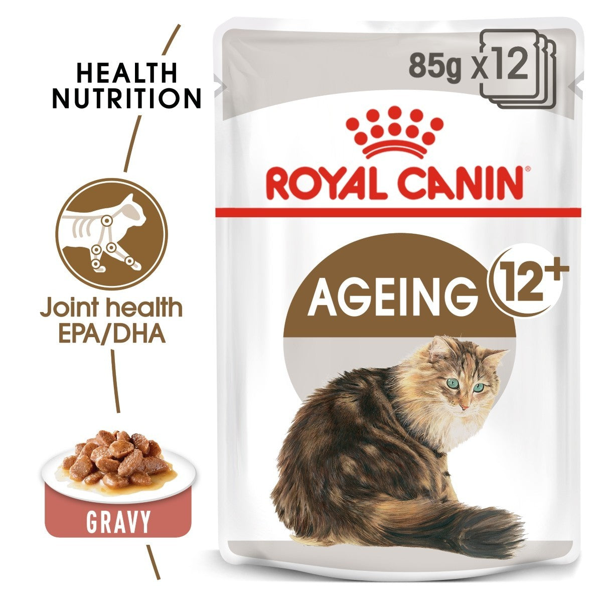 Royal Canin Ageing 12+ cat food pouch on a white background