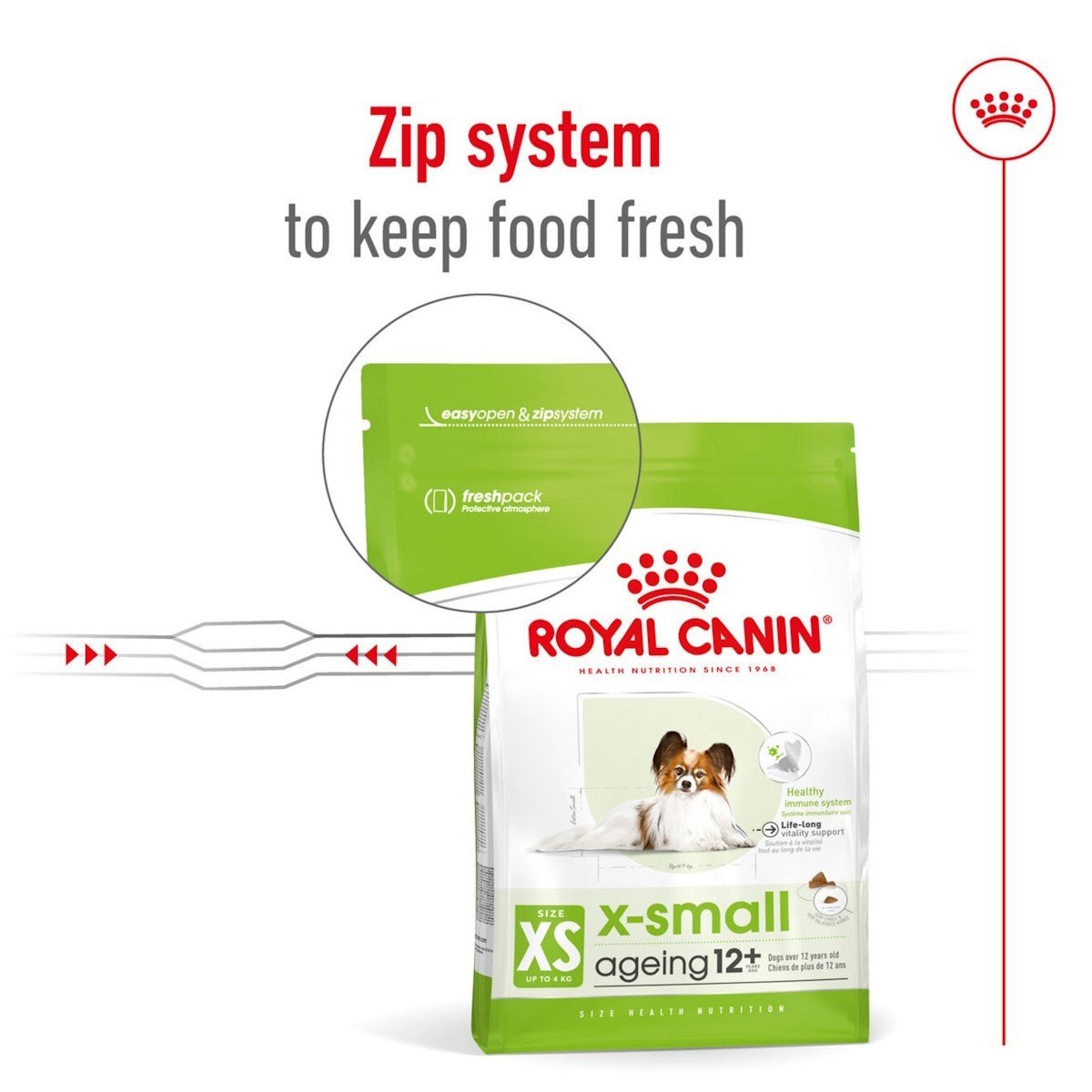 Royal Canin x-small ageing 12+ dog food package with a zip system feature on a white background.