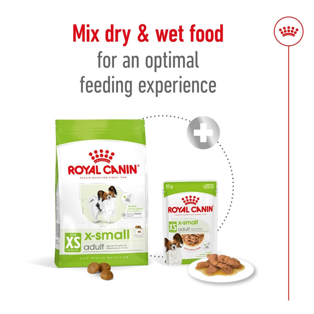 Royal Canin dog food packages with text on an optimal feeding experience.