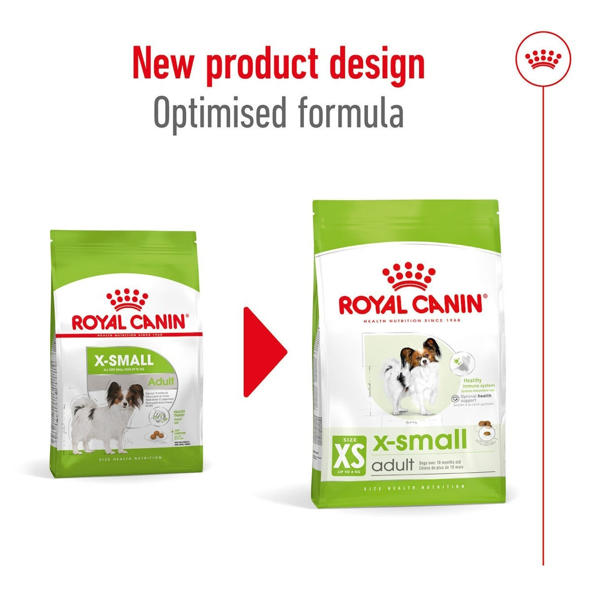 Two packages of Royal Canin X-Small dog food with a red arrow and text indicating new product design.