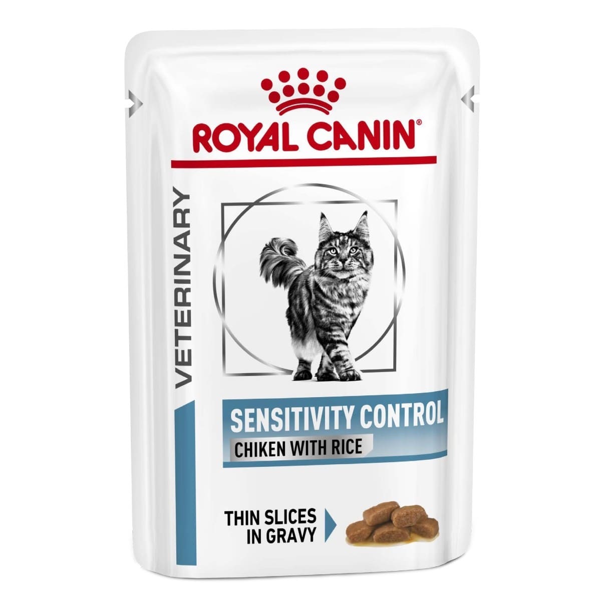 Royal Canin Veterinary Diet Sensitivity Control cat food pouch on a white background