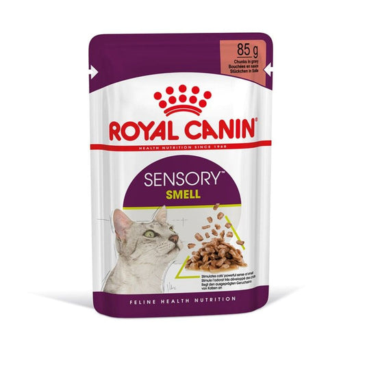 Royal Canin Sensory Smell cat food pouch on a white background
