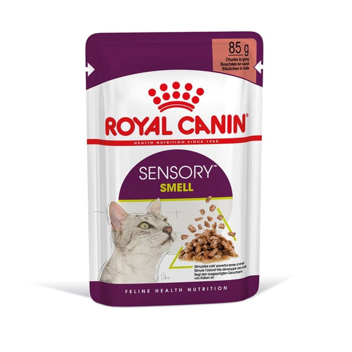 Royal Canin Sensory Smell cat food pouch on a white background