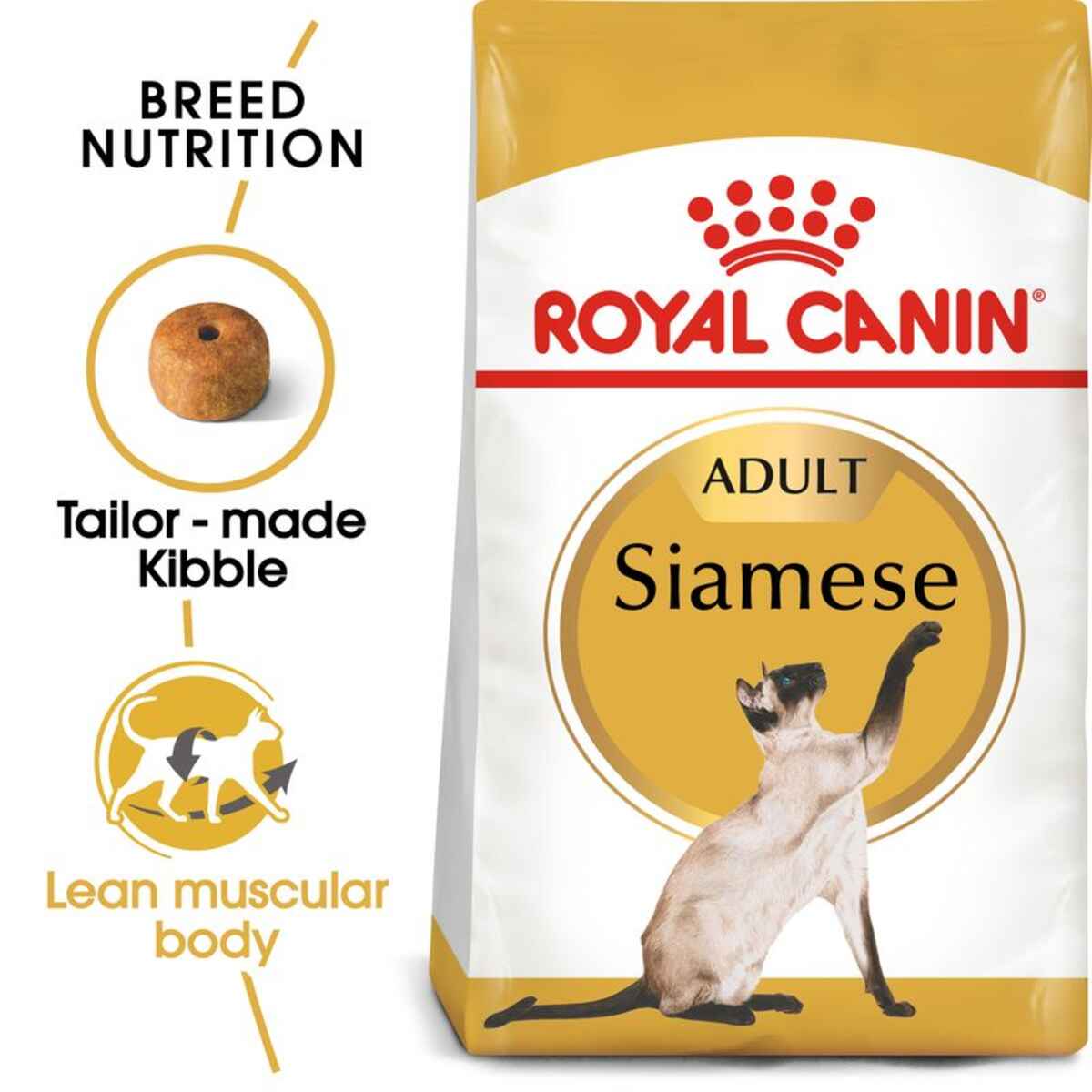 Royal Canin Siamese cat food bag with text about breed nutrition on a white background