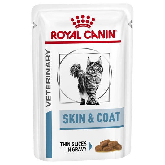 Royal Canin Veterinary Skin & Coat cat food pouch on a white background