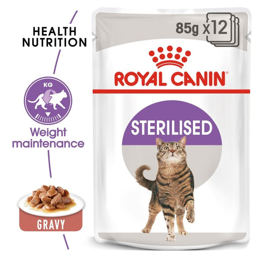 Royal Canin Sterilised cat food pouch packaging with a cat on the label.