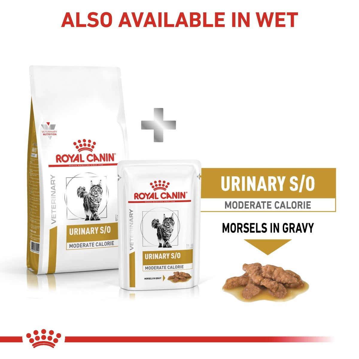 Royal Canin Veterinary Diet Urinary S/O Moderate Calorie cat food packaging on a white background