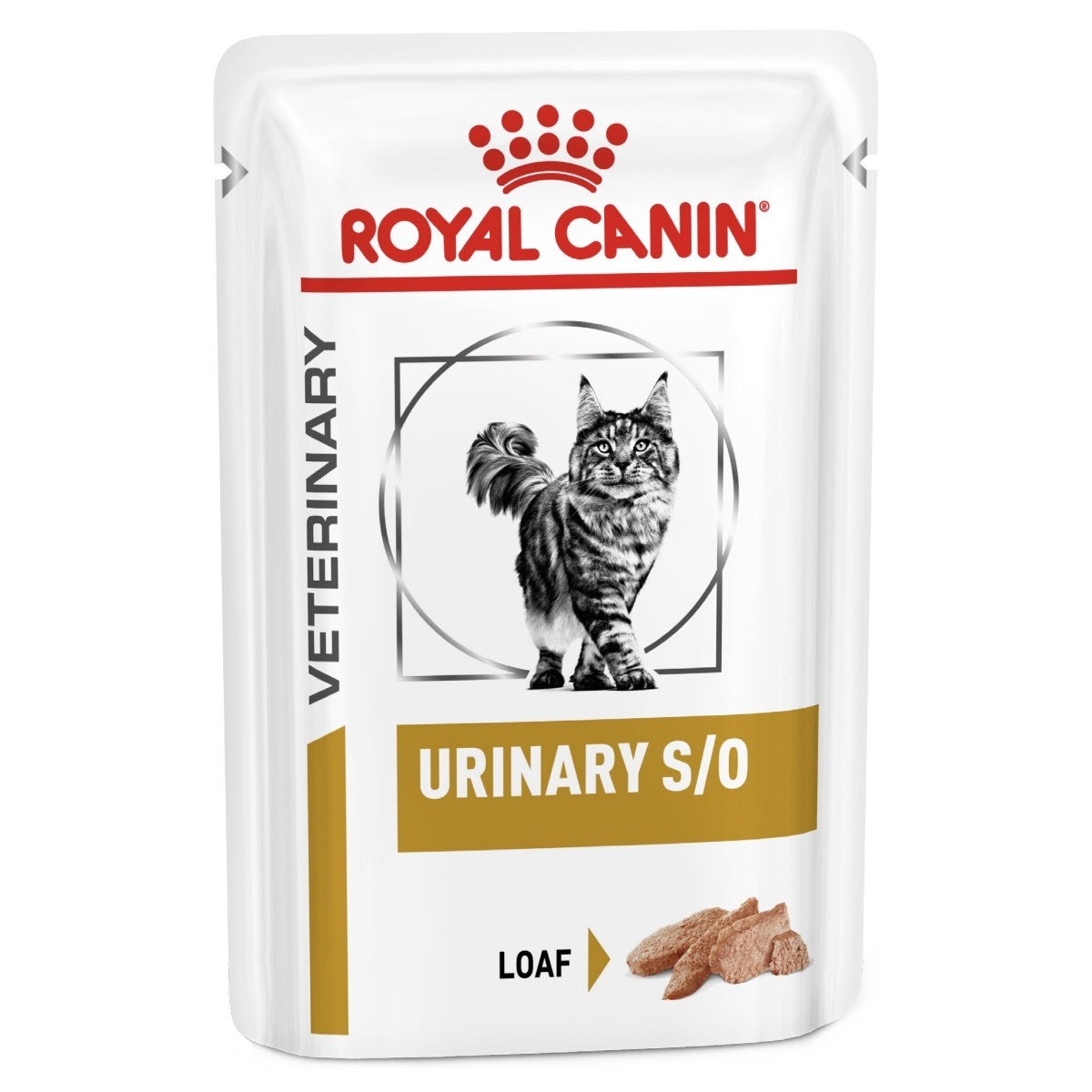 Royal Canin Veterinary Diet Urinary S/O cat food pouch on a white background