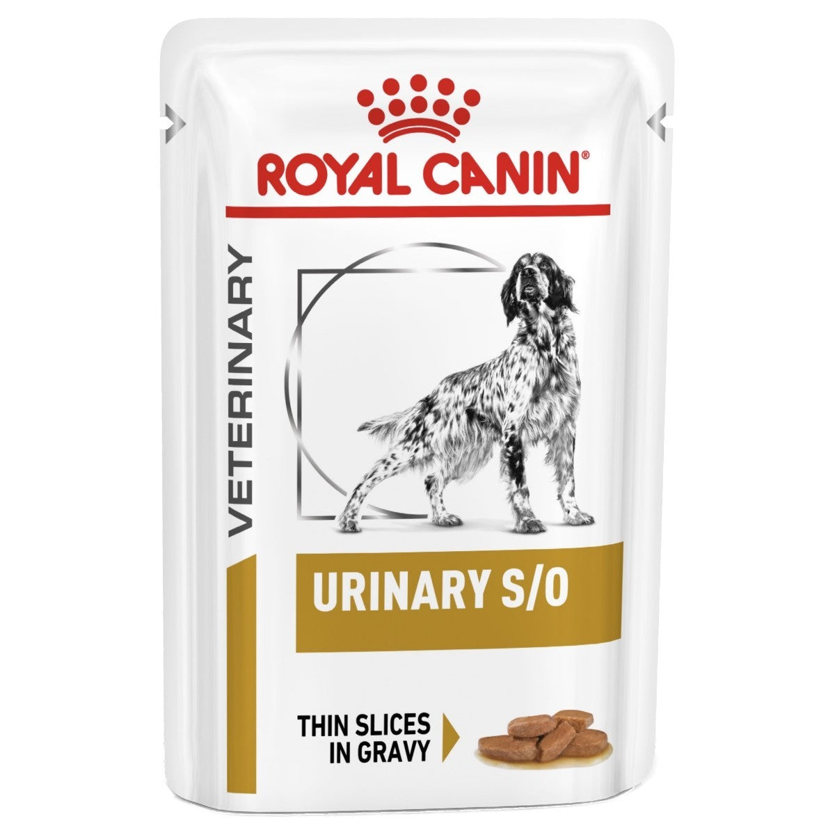 Royal Canin Veterinary Urinary S/O dog food pouch on a white background