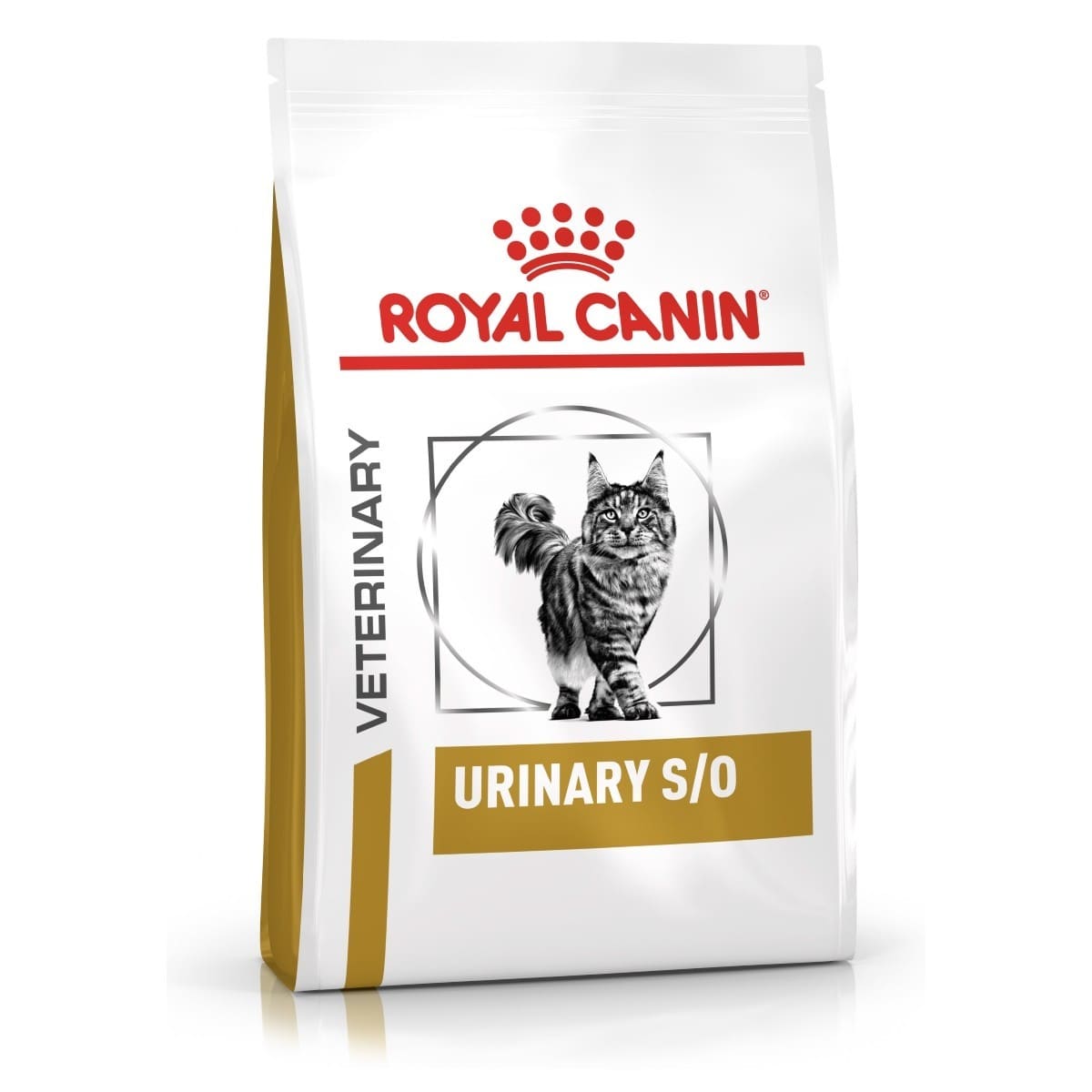 Royal Canin Veterinary Urinary S/O cat food bag on a white background