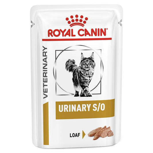 Royal Canin Veterinary Diet Urinary S/O cat food pouch on a white background