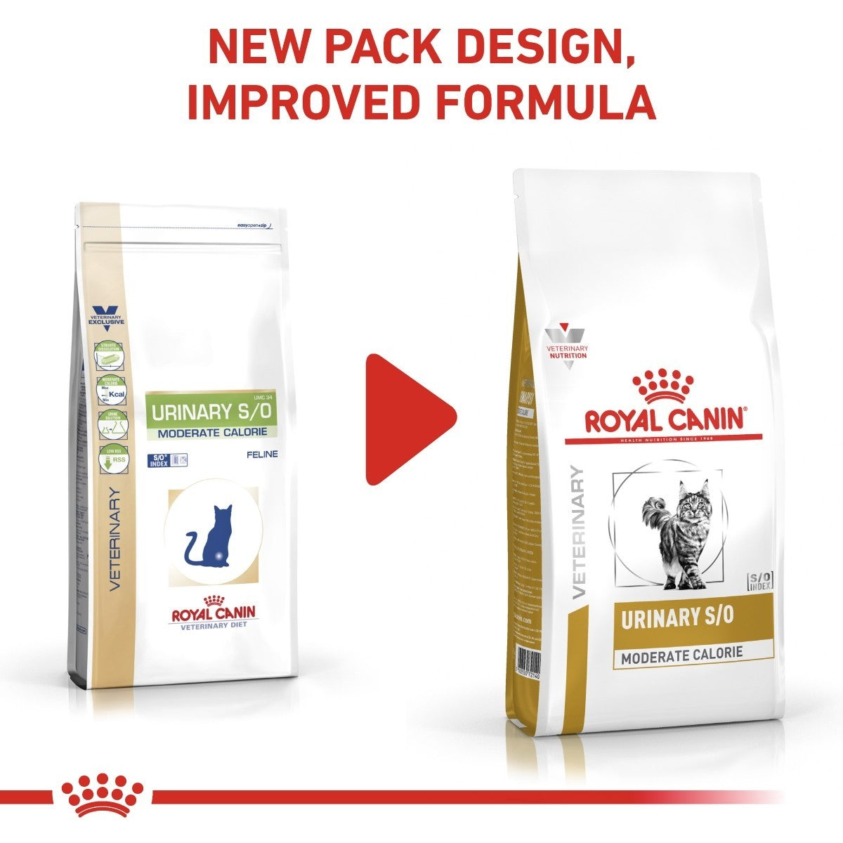Two packages of Royal Canin Veterinary Diet cat food with a red play button in the center.