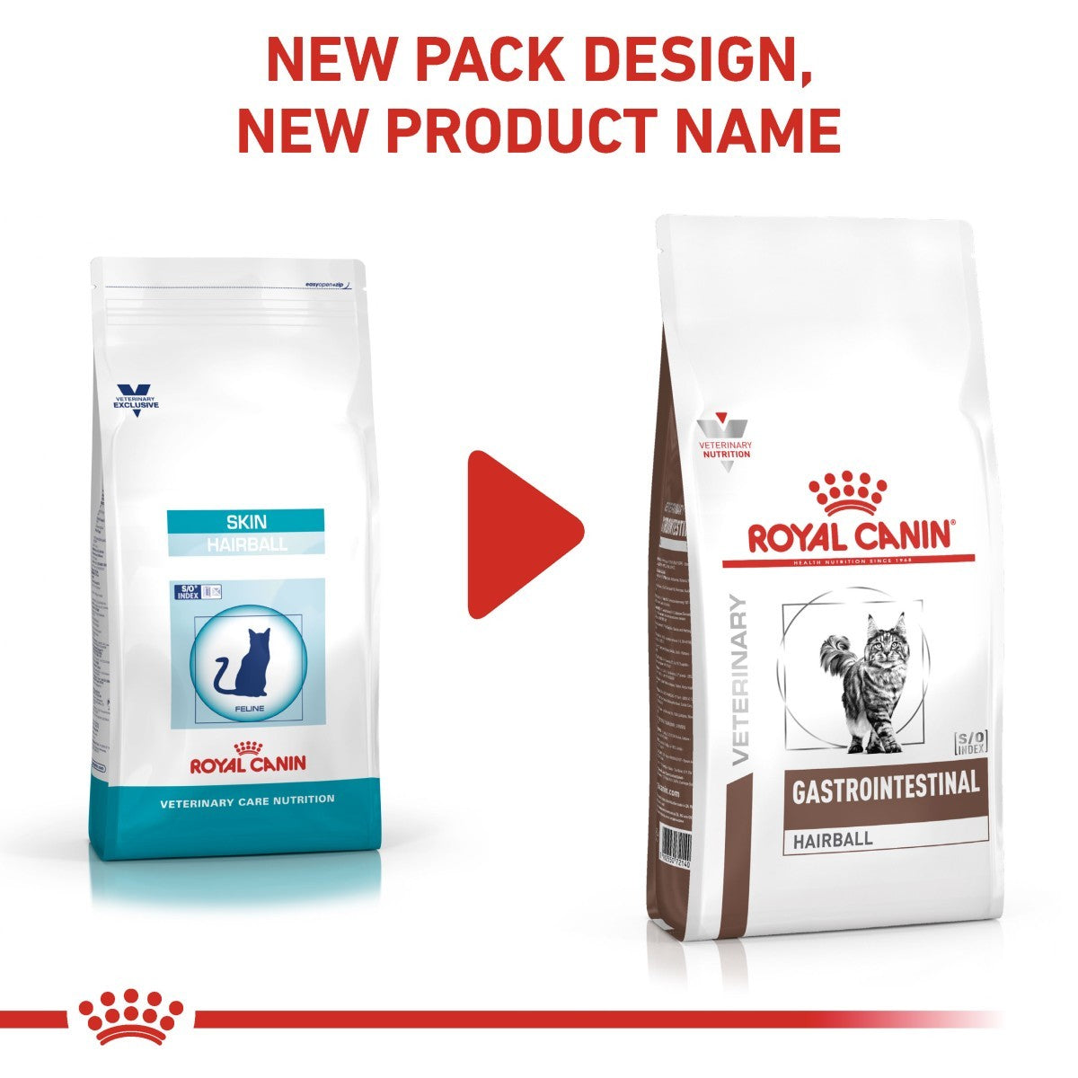 Two packages of Royal Canin veterinary care cat food with text indicating a new pack design and product name.