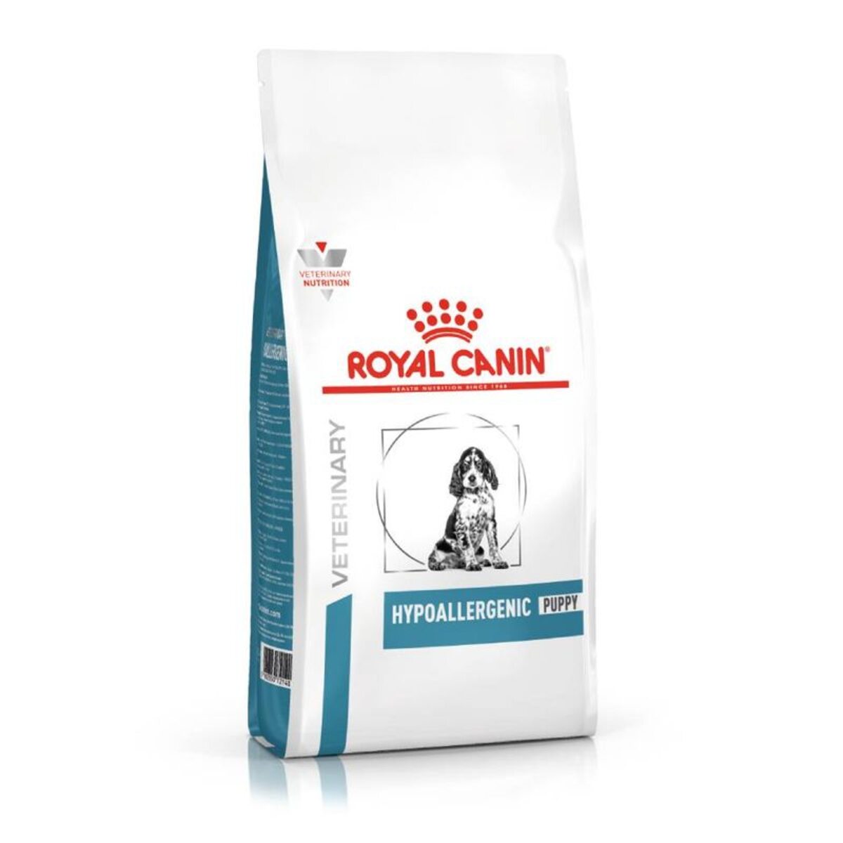 Royal Canin Veterinary Diet Hypoallergenic Puppy food bag on a white background