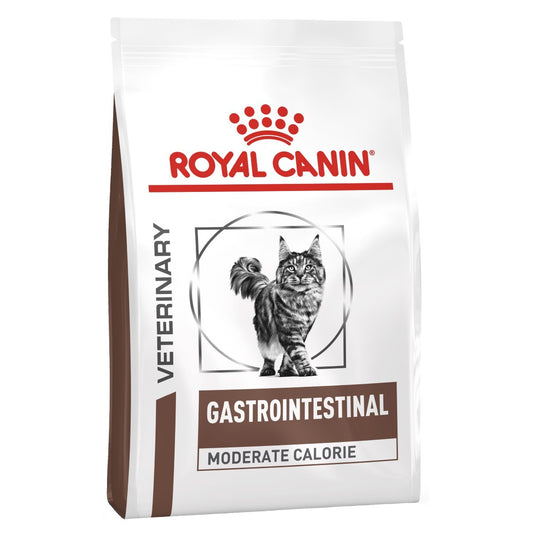 Royal Canin Veterinary Gastrointestinal Moderate Calorie cat food bag on a white background