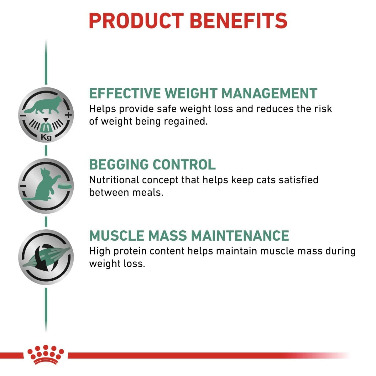 Product benefits for a cat food product on a white background