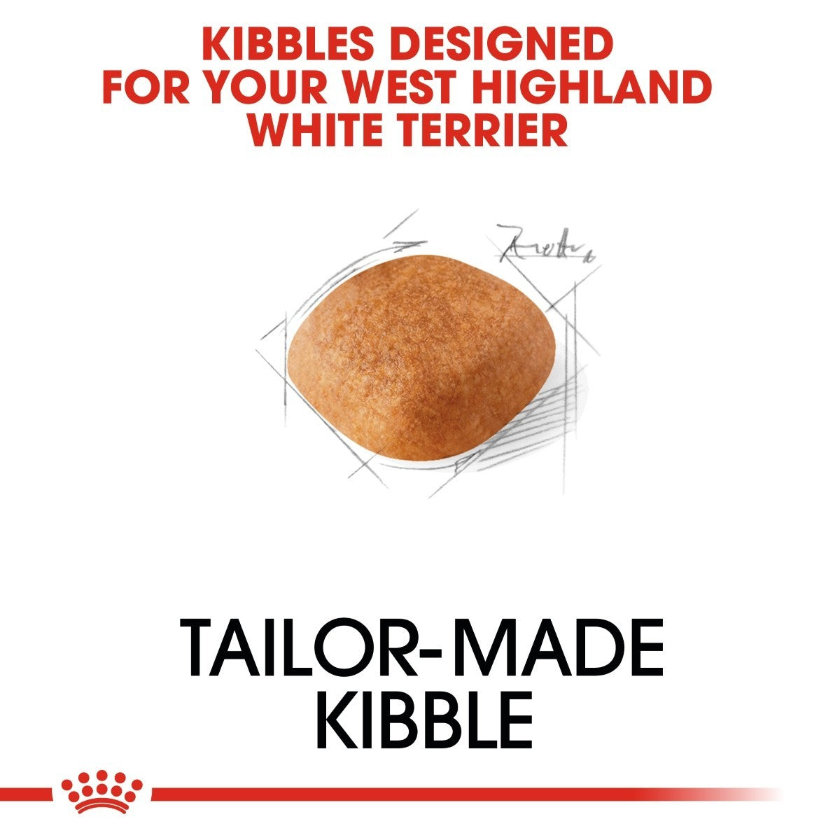 Dog food kibble with text about tailormade kibble for West Highland White Terriers on a white background.