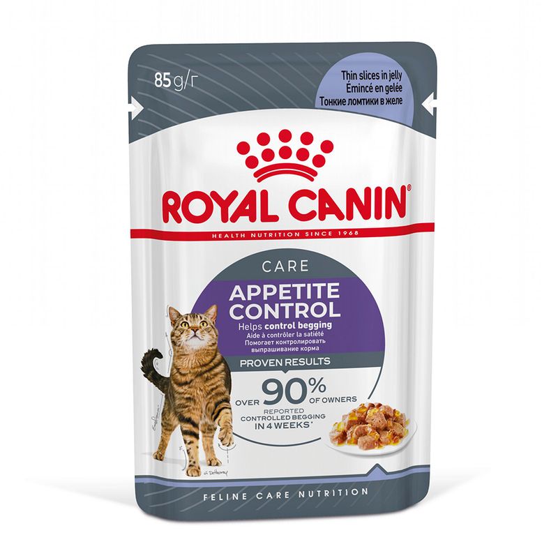 Royal Canin Appetite Control cat food pouch on a white background