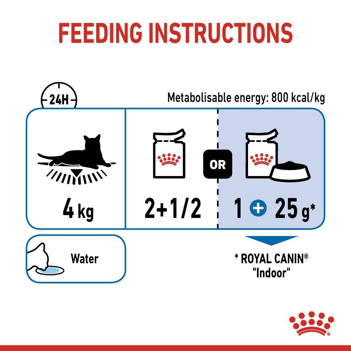 Royal Canin feeding instructions for indoor cats on a white background