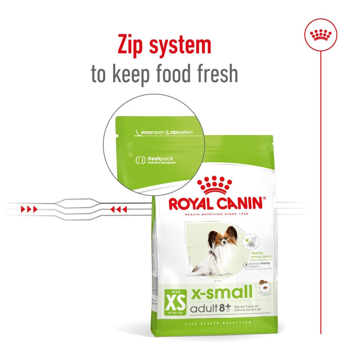 Royal Canin x-small adult dog food package with a zip system feature on a white background