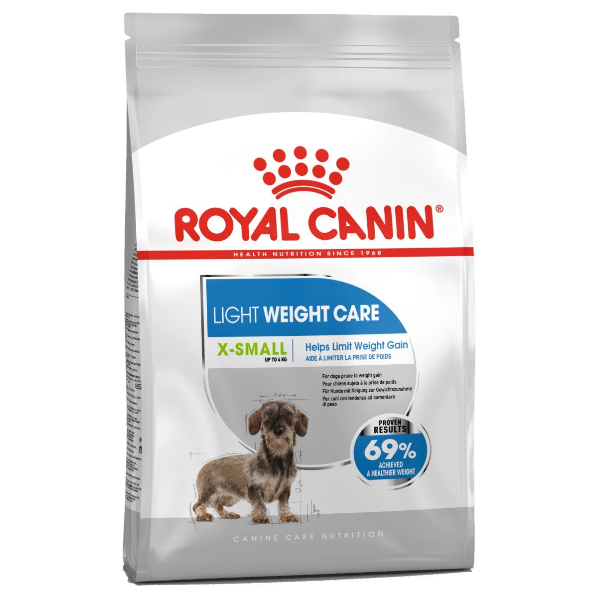 Royal Canin Light Weight Care X-Small dog food packaging on a white background