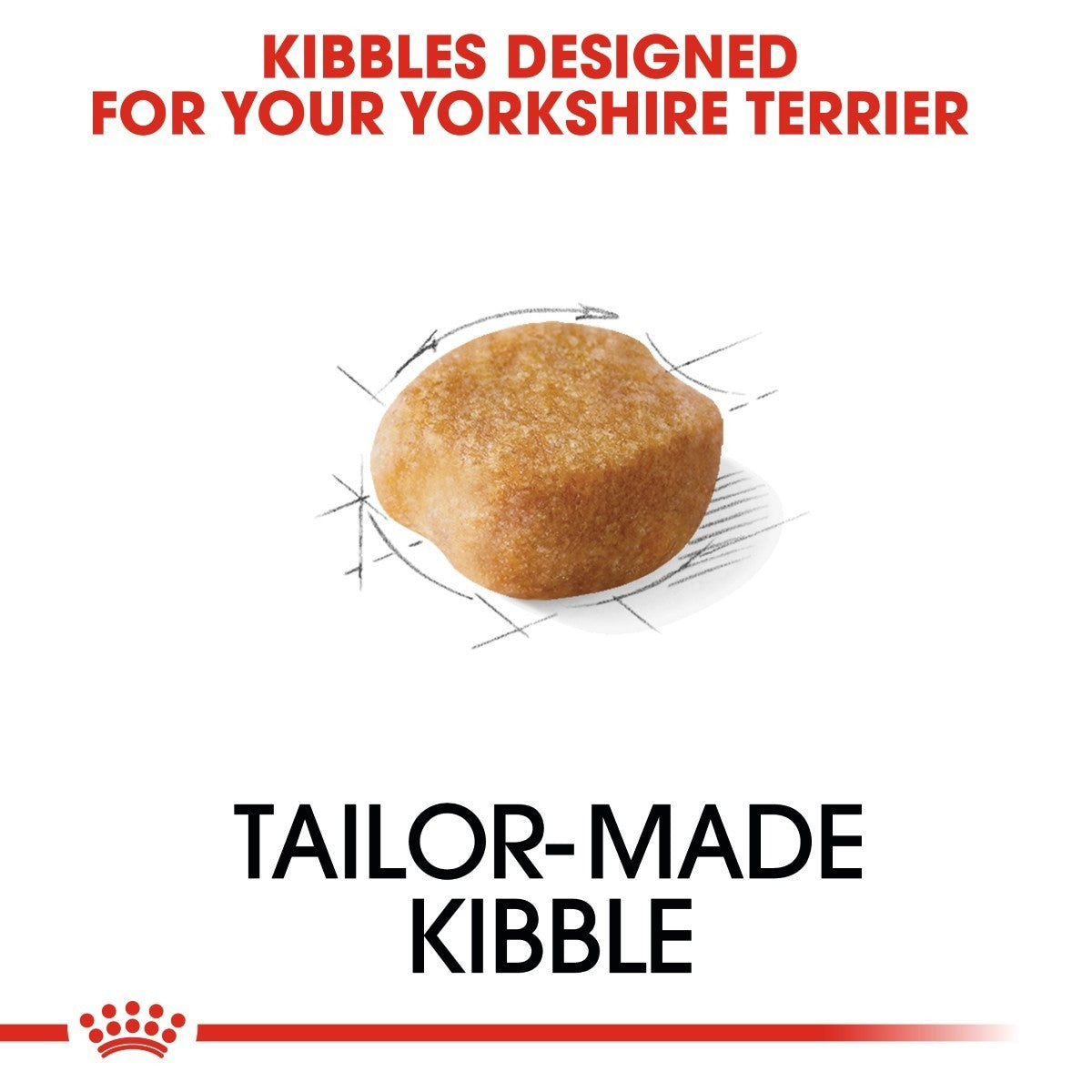 Dog kibble with text 'Kibbles Designed for Your Yorkshire Terrier' and 'Tailor-Made Kibble' on a white background.