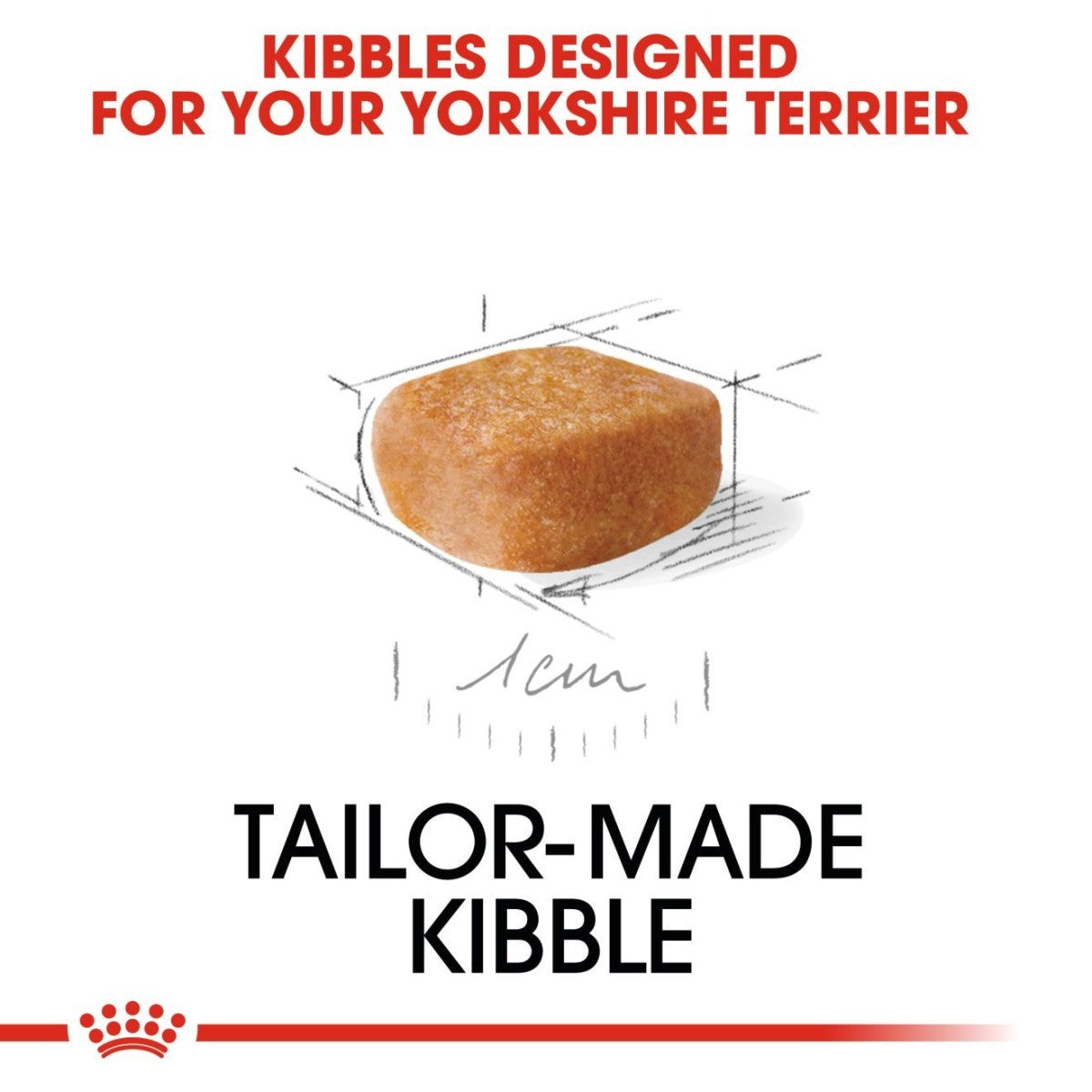 Dog kibble with text 'Kibbles Designed for Your Yorkshire Terrier' and 'Tailor-Made Kibble'.