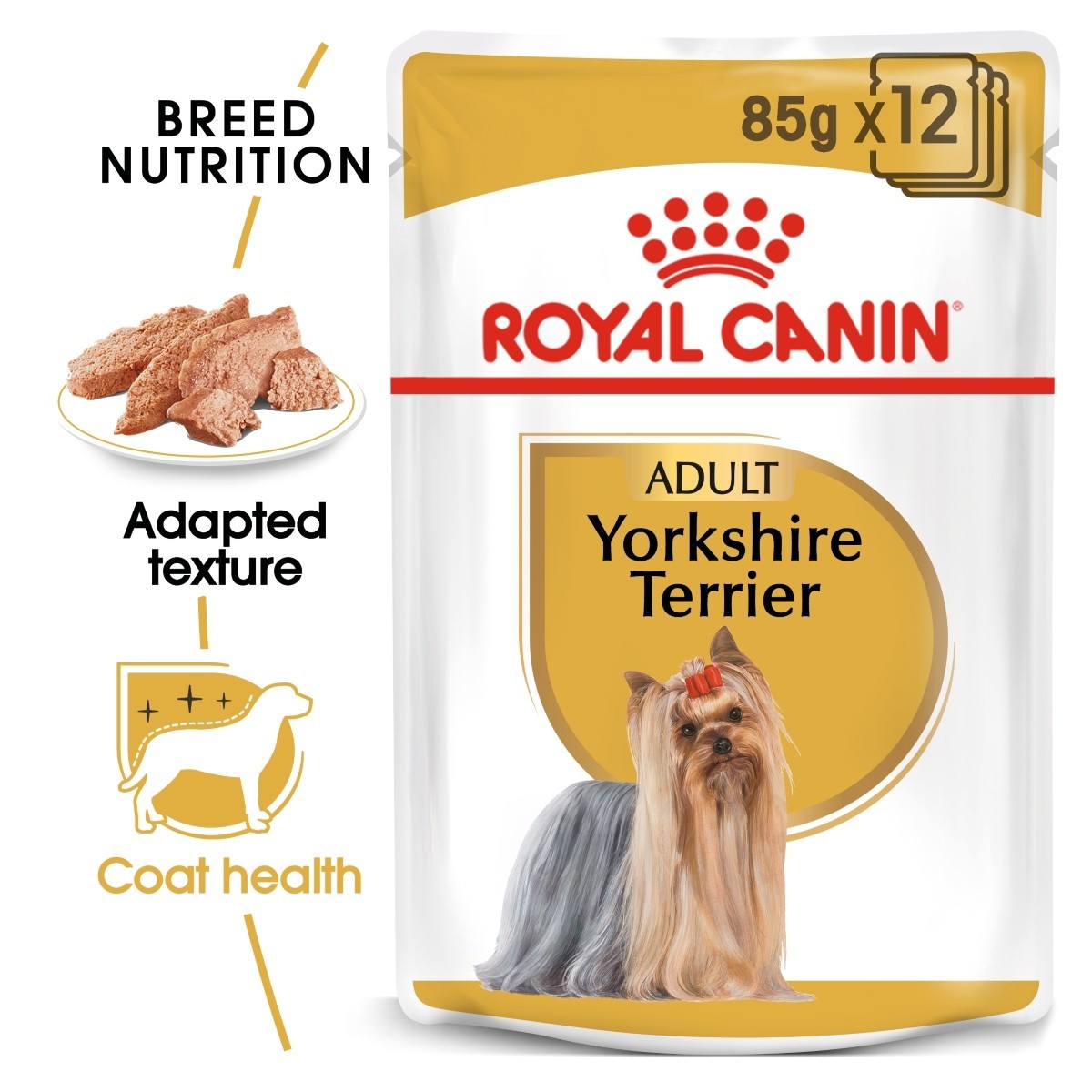 Royal Canin Yorkshire Terrier dog food pouch with text highlighting features on a white background