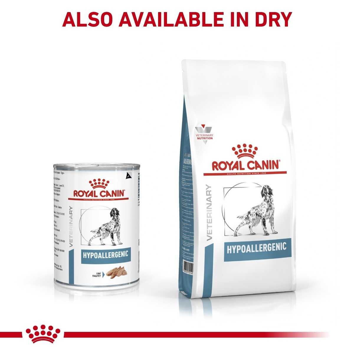 Royal Canin Veterinary Diet Hypoallergenic can and bag on a white background