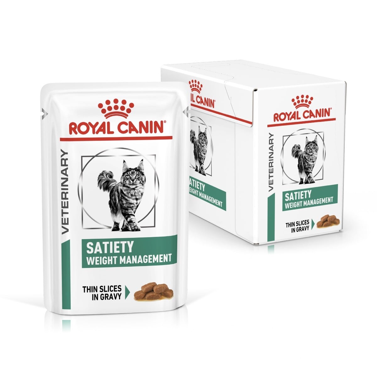 Royal Canin Veterinary Diet Satiety Weight Management cat food packaging on a white background