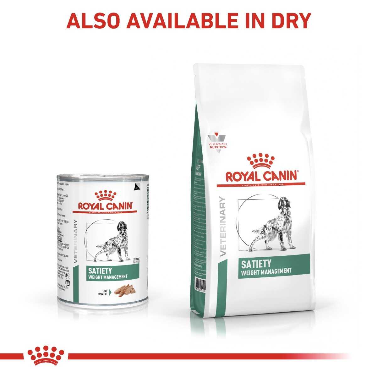 Royal Canin Satiety Weight Management pet food can and bag on a white background