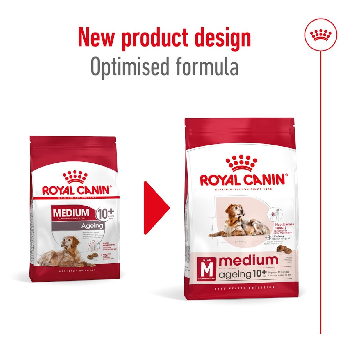 Two packages of Royal Canin Medium Ageing 10+ dog food with a red arrow between them on a white background.