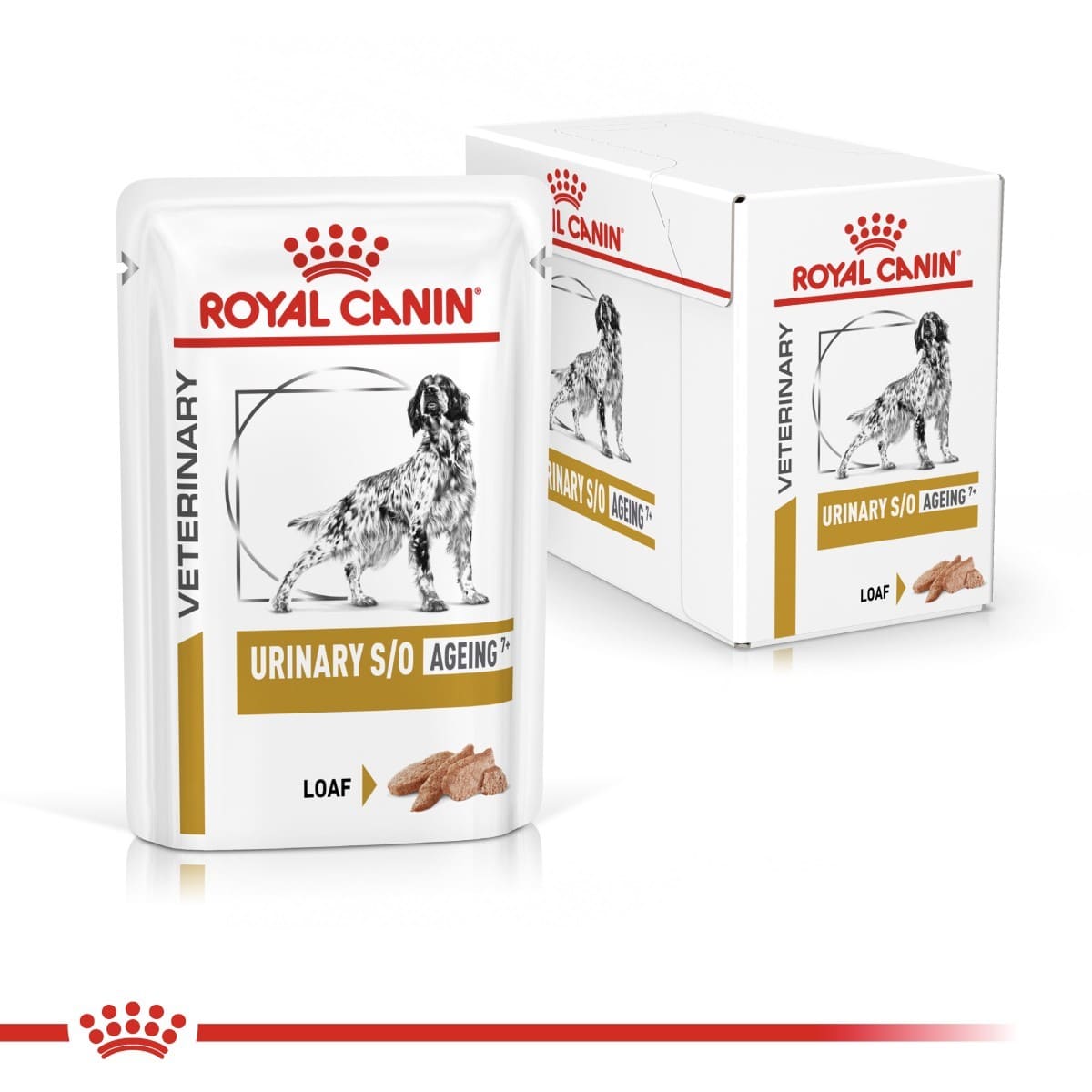 Royal Canin Veterinary Diet Urinary S/O Ageing dog food packaging on a white background