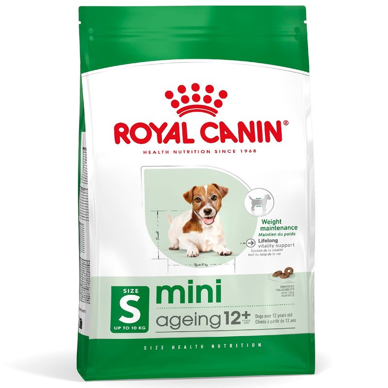 Royal Canin mini ageing 12+ dog food package on a white background