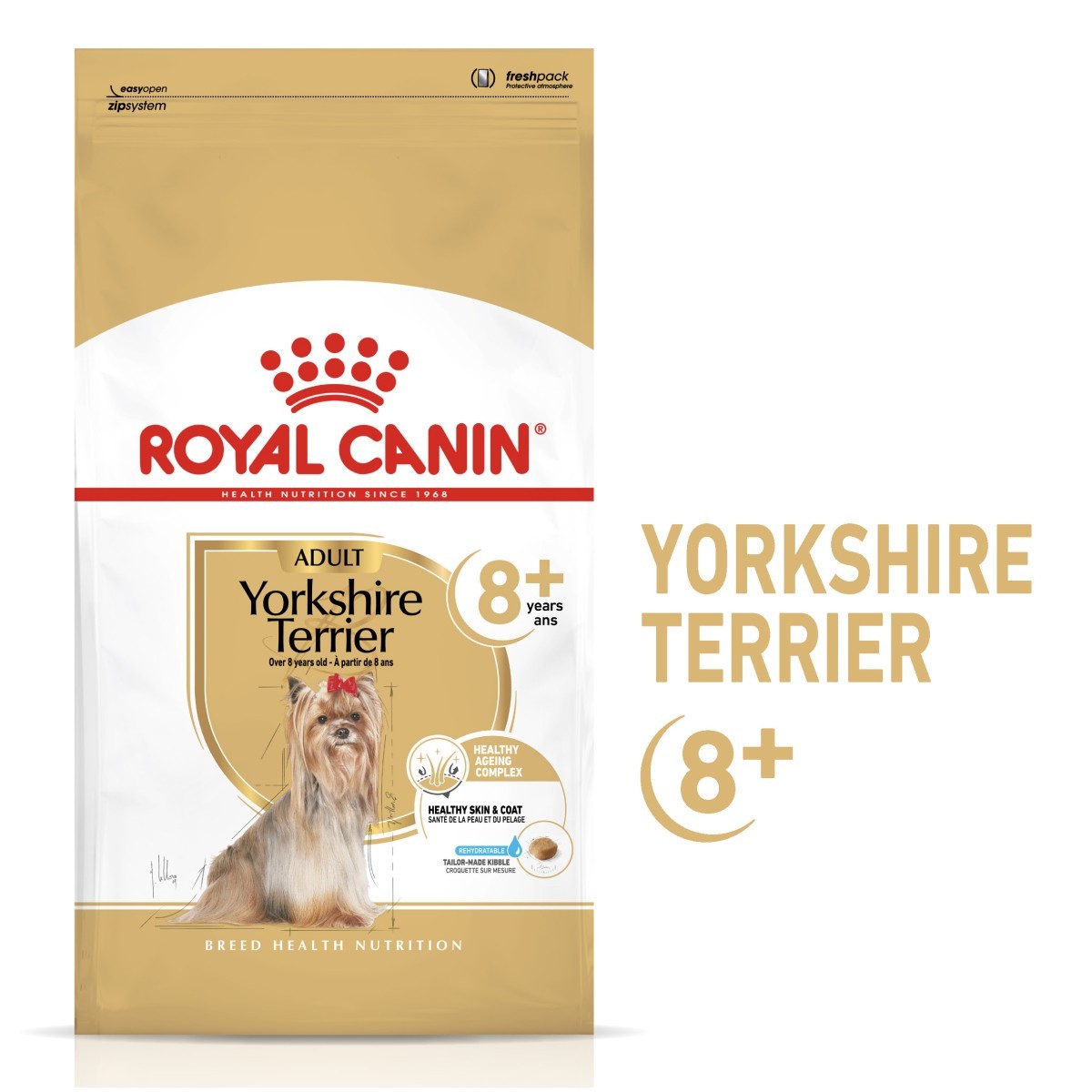 Royal Canin Yorkshire Terrier adult dog food package on a white background