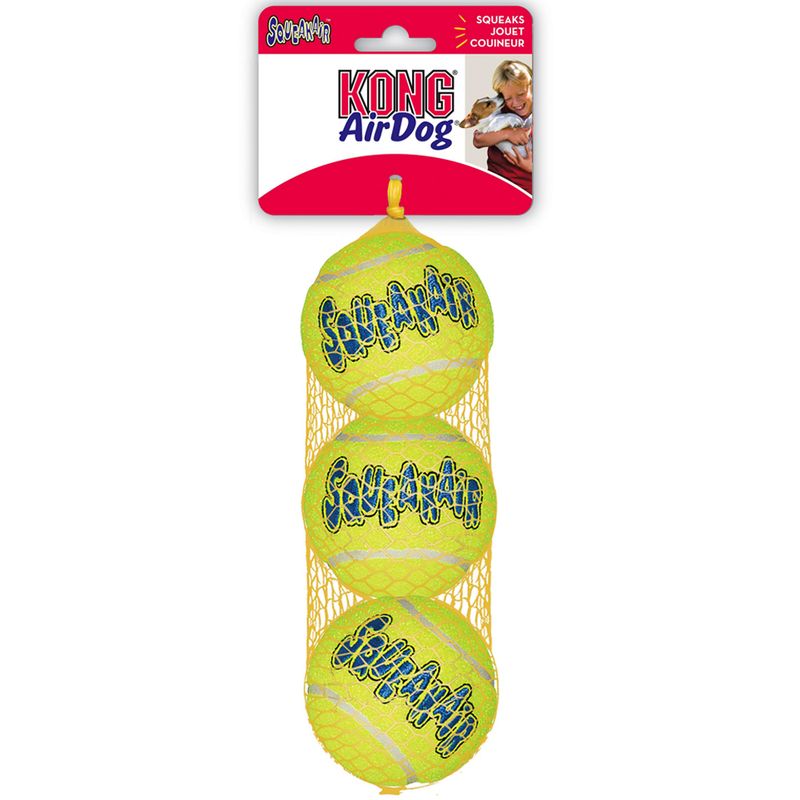 Three yellow KONG AirDog tennis balls with a packaging label on a white background