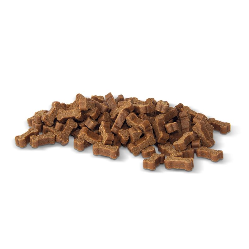 Pile of brown dog treats on a white background