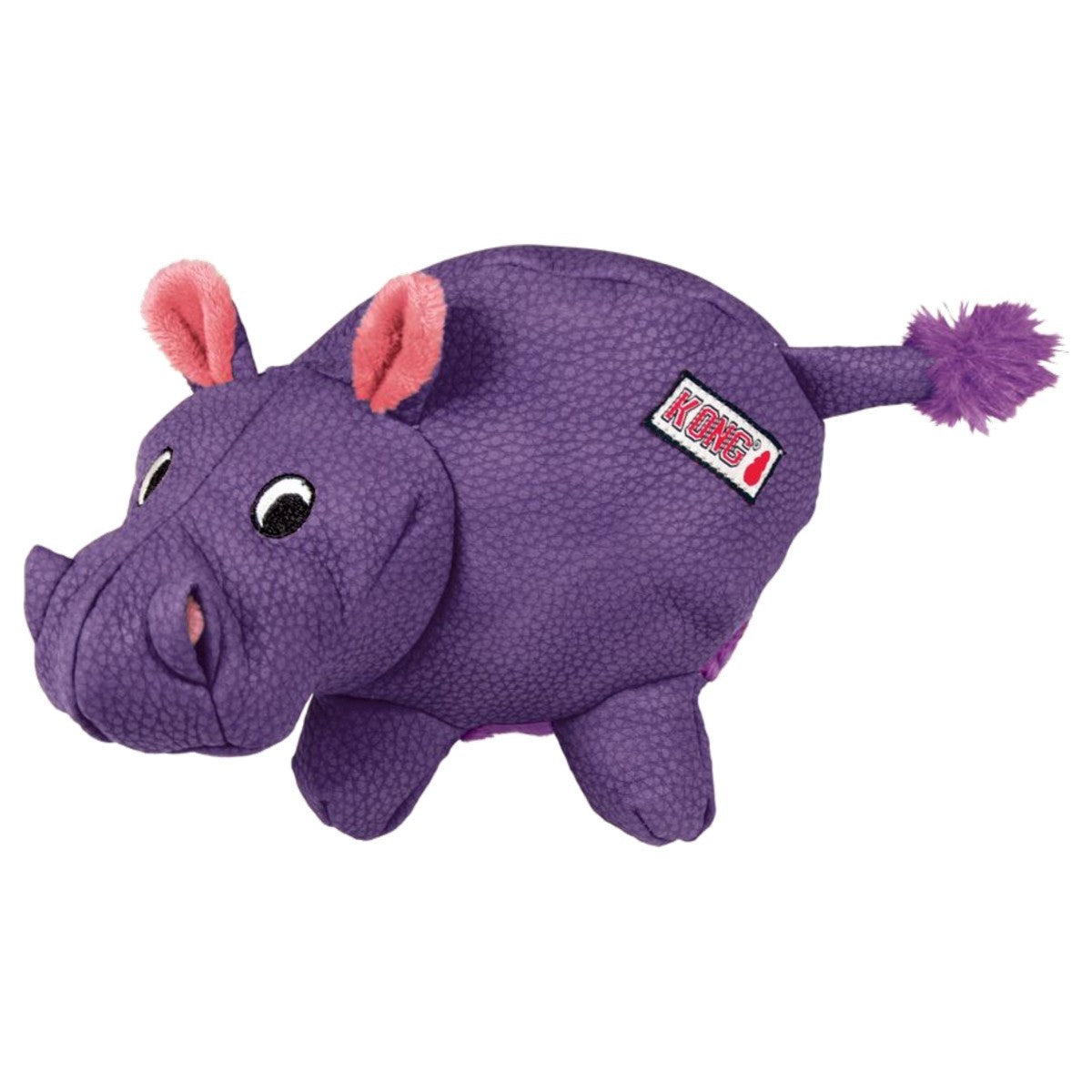 Purple rhinoceros-shaped toy with pink ears and a KONG label on a white background