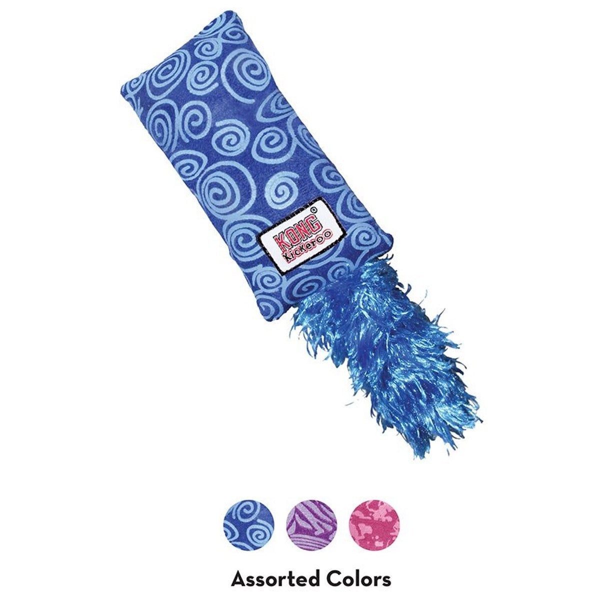 Blue pet toy with swirling pattern and fluffy end on a white background