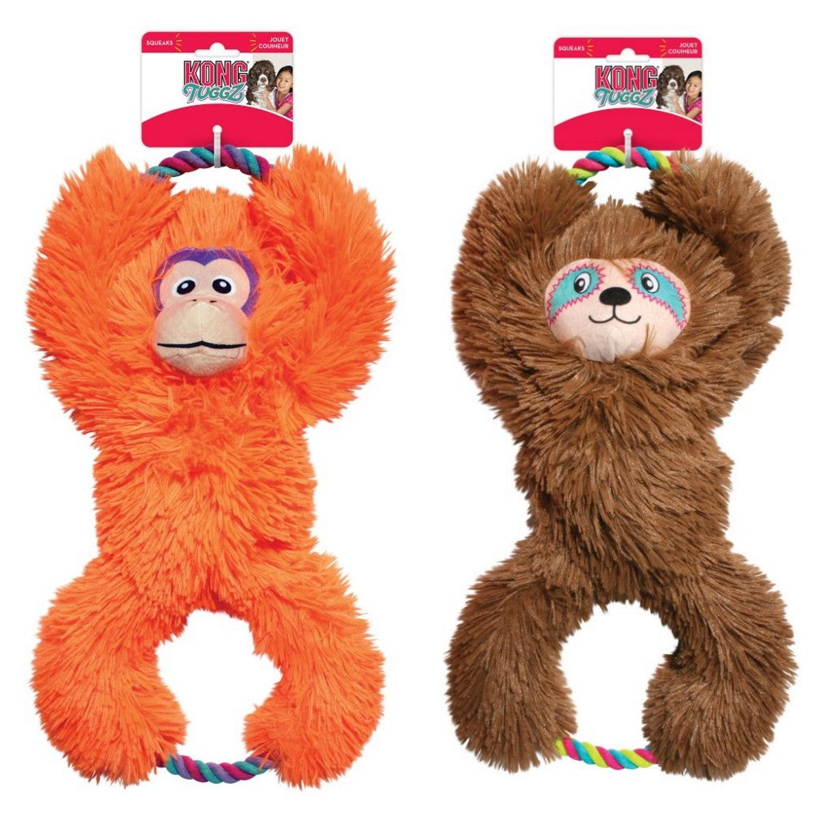 Two plush monkey toys with colorful ropes, one orange and one brown, on a white background.