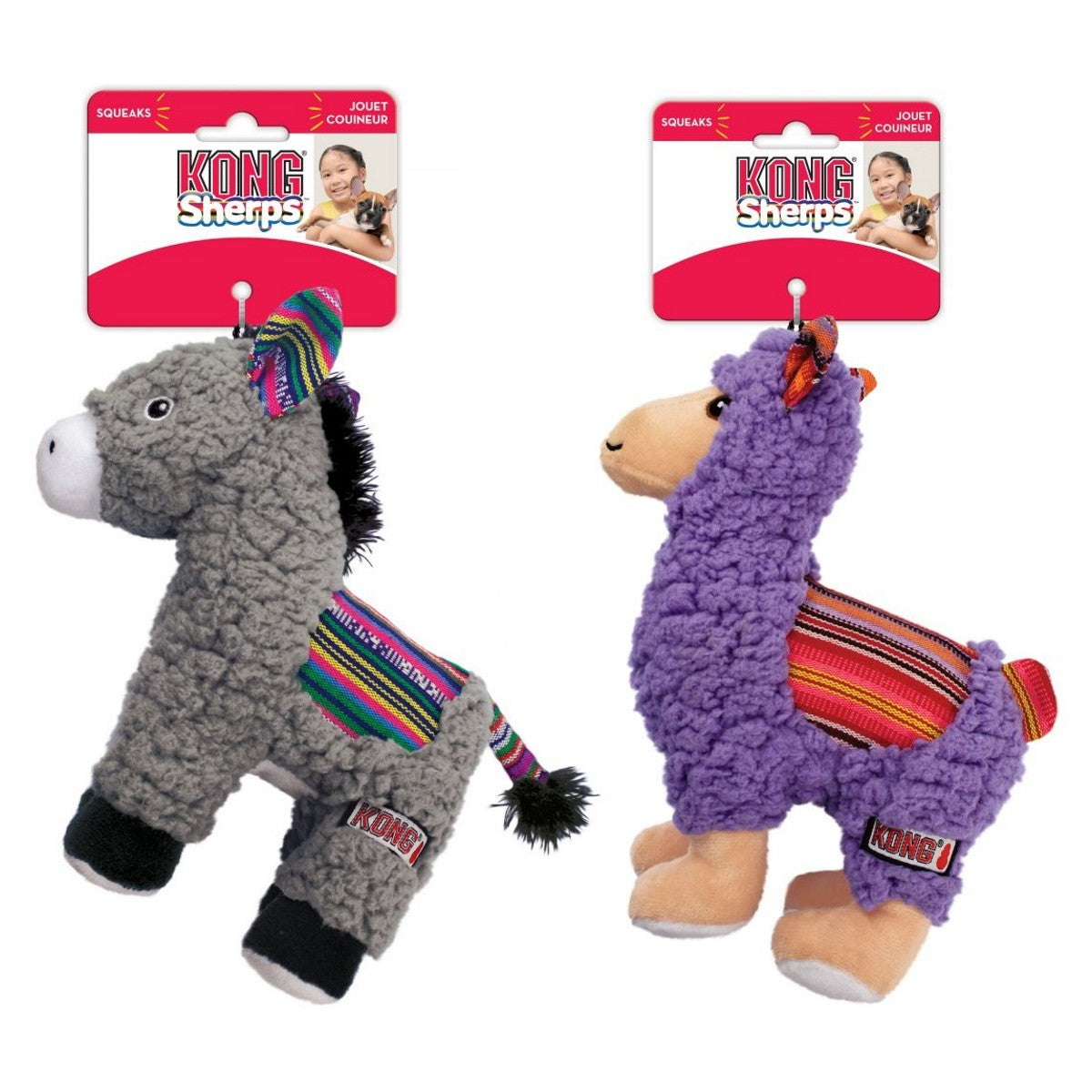 Two KONG Sheeps toys, one gray donkey and one purple llama, on their packaging with a white background.